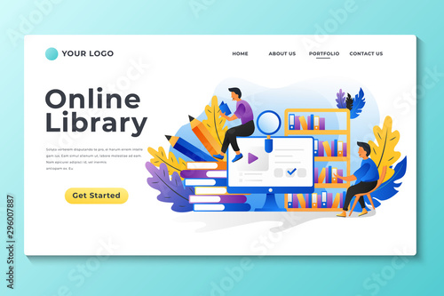 Reading people landing page. Characters with books concept, e-book reading and online studying. Vector illustration school and university library flat design banner for students education