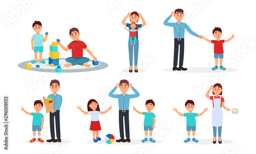 Parenting Lifestyle Vector Illustrations. Frustrated Parents Playing With Their Kid