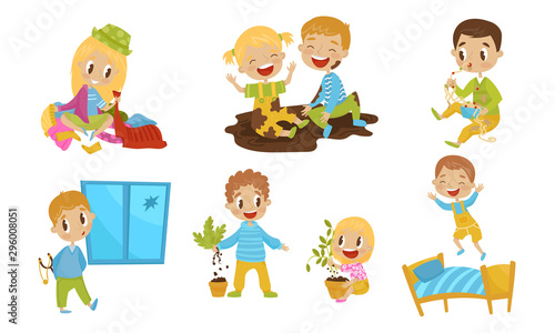 Little Naughty Kid Characters Doing Tricks Vector Illustrations