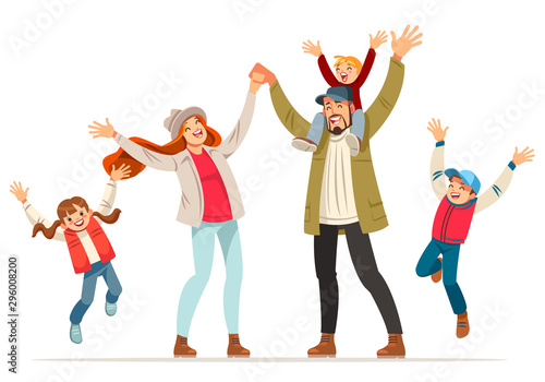 Happy family is jumping. Father mother daughter and sons holding hands together jumped. Vector illustration in cartoon style.