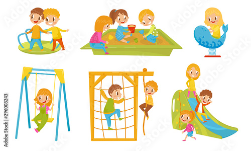 Small Kids Playing In The Playground Vector Isolated Illustrations.