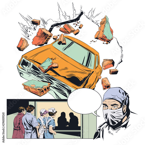 Accident. Car breaking wall.