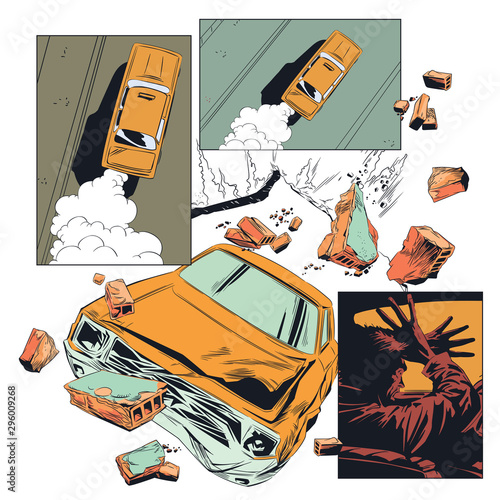 Accident. Car breaking wall.