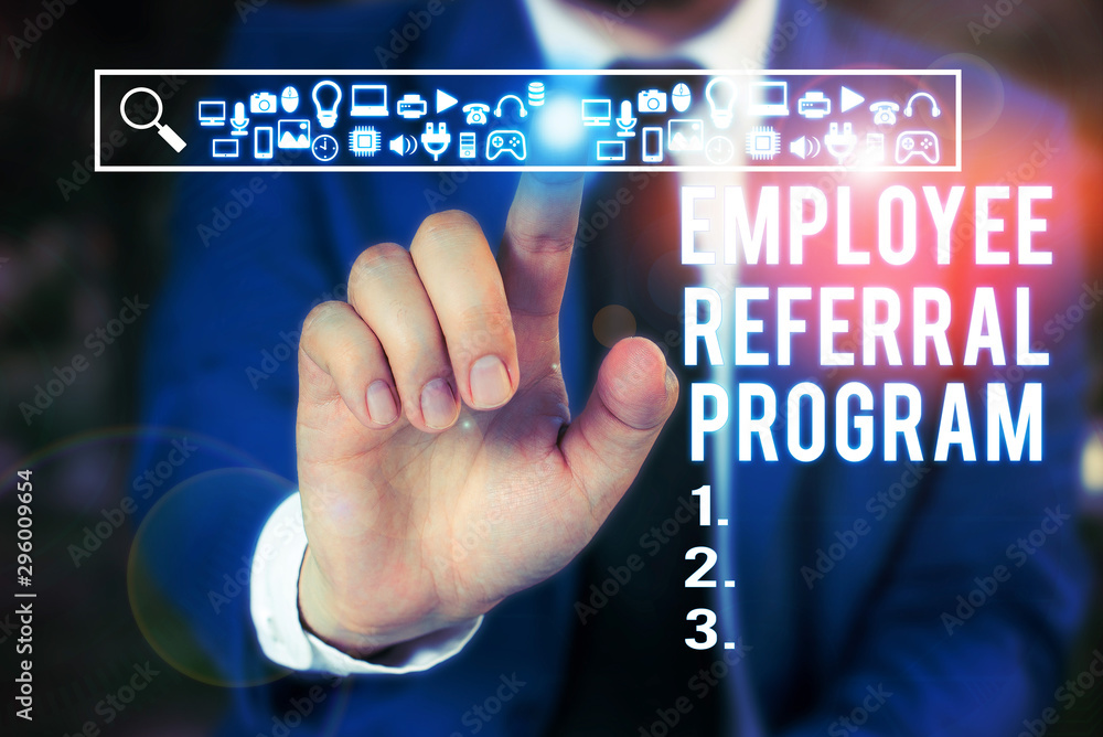 Word writing text Employee Referral Program. Business photo showcasing employees are rewarded for introducing recruits Male human wear formal work suit presenting presentation using smart device Word writing text Employee Referral Program. Business photo showcasing employees are rewarded for introducing recruits Male human wear formal work suit presenting presentation using smart device