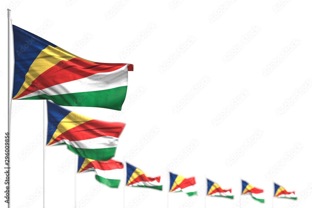 pretty holiday flag 3d illustration. - Seychelles isolated flags placed diagonal, photo with selective focus and place for content pretty holiday flag 3d illustration. - Seychelles isolated flags placed diagonal, photo with selective focus and place for content