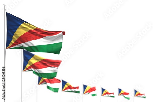 pretty holiday flag 3d illustration. - Seychelles isolated flags placed diagonal, photo with selective focus and place for content