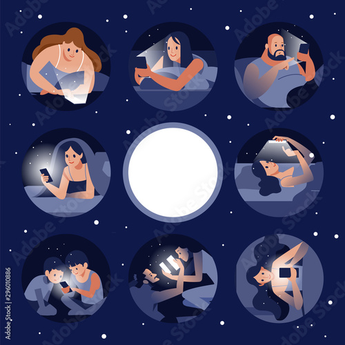 A collection of cute people talking on the phone chatting on social networks. Online communication via the Internet. an use for landing page, template, web, mobile app, poster, banner, flyer