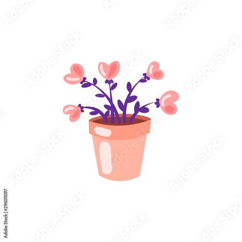 Cute cartoon vector illustration of hearts, growing in flowerpot. Flowers in heart shape, home plant concept - growing love. Icon for valentine day, wedding, love celebration.