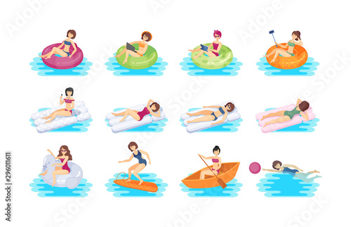 Young woman swiming in the pool set. Lady swiming inflatable ring air mattress boat, reading a book, taking a selfie, listening to music, learning to surf. Summer beach vacation vector illustration