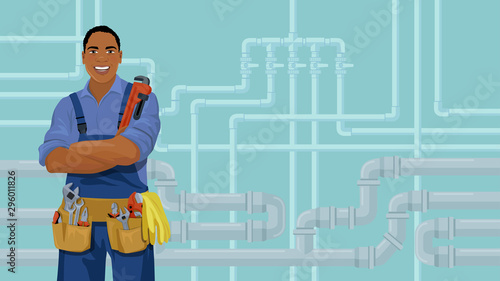 African American worker with plumbing tools stands front the pipeline background. Cartoon smiling plumber. Water piping system repair concept. Vector illustration with copy space.