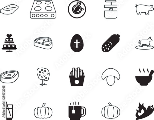 food vector icon set such as: press, ornament, orchard, piggy, wedding, aeropress, mushroom, aero, tool, root, cayenne, transparent, french, farming, burner, eating, chile, latte, fruits, pepper