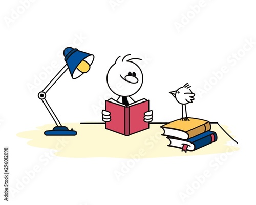 Doodle stick figure: Student reading book. Man and little bird. Hand drawn cartoon vector illustration.