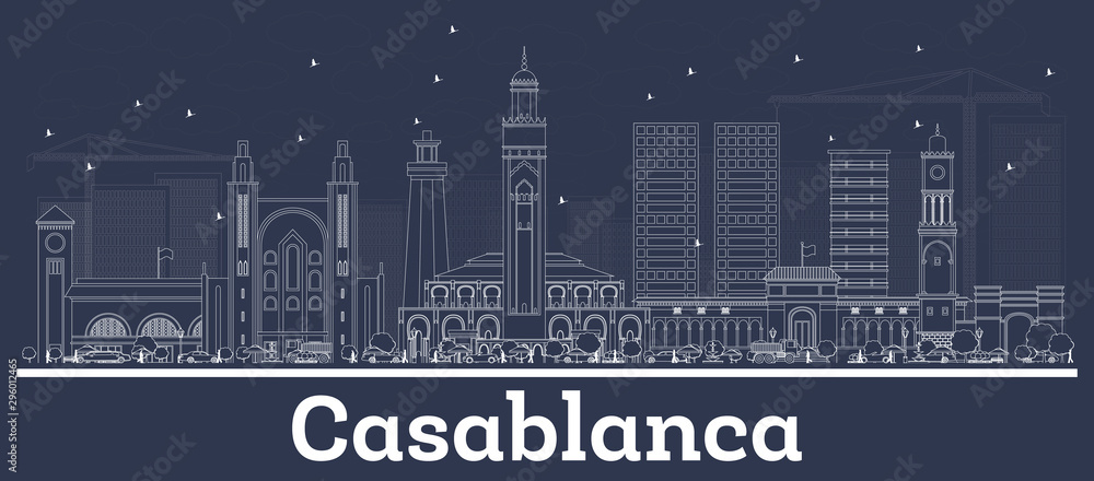 Outline Casablanca Morocco City Skyline with White Buildings.