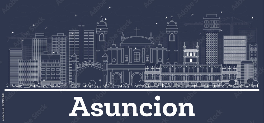 Outline Asuncion Paraguay City Skyline with White Buildings. Vector Illustration. Business Travel and Concept with Historic Architecture. 