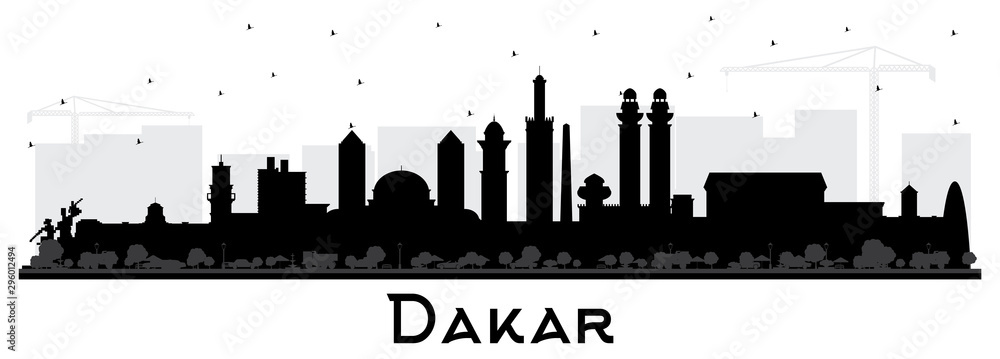 Fototapeta premium Dakar Senegal City Skyline Silhouette with Black Buildings Isolated on White.