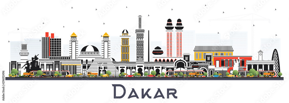 Dakar Senegal City Skyline with Color Buildings Isolated on White. Dakar Senegal City Skyline with Color Buildings Isolated on White.