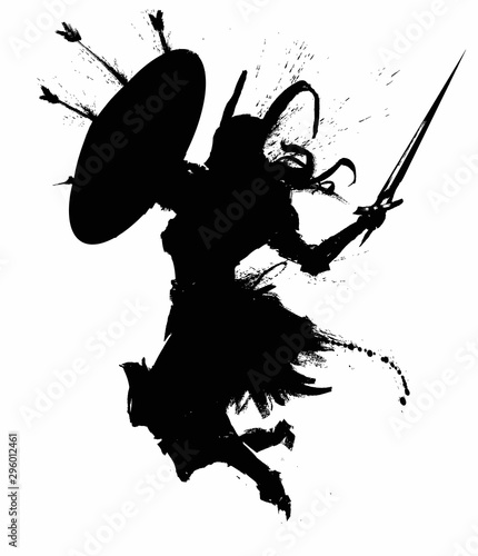 The silhouette of a Valkyrie in a horned helmet with a shield and sword attacks in a jump .  2D illustration .