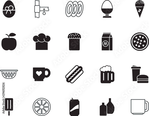 food vector icon set such as: packaging, half, lovely, apple, knowledge, eps, pizza, professional, chefs, italian, junk, foam, manufacture, gardening, delicatessen, cap, carton, clothing, sprinkle