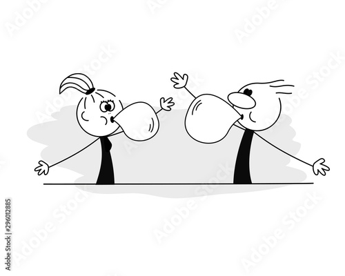 Doodle stick figure: Man and woman blowing big bubble gum. Vector