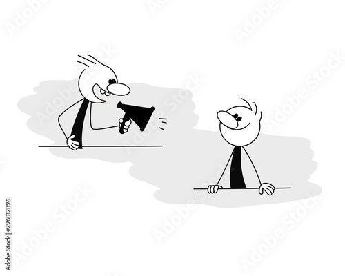 Doodle stick figure: Man shouting through a megaphone. Men talking. Vector.