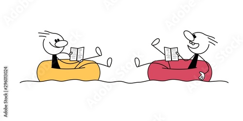Doodle stick figure: Two men in inflatable circle with books. Hand drawn cartoon vector illustration.