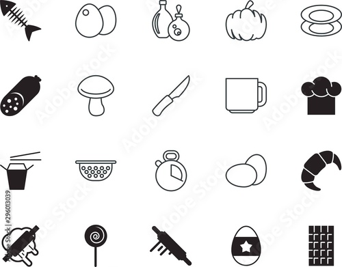food vector icon set such as: timer, mug, cutlery, manufacture, army, pumkin, cute, delicatessen, circle, liquid, caffeine, cleaver, pattern, calorie, container, latte, sketch, sausage, noodle, break