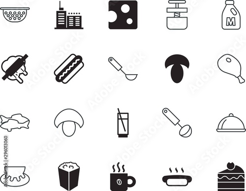 food vector icon set such as: stainless, refrigerator, editable, espresso, thin, leg, roll, cheese, waiter, covered, travel, pork, mug, energy, latte, silver, catering, seafood, sieve, vacancy, cake