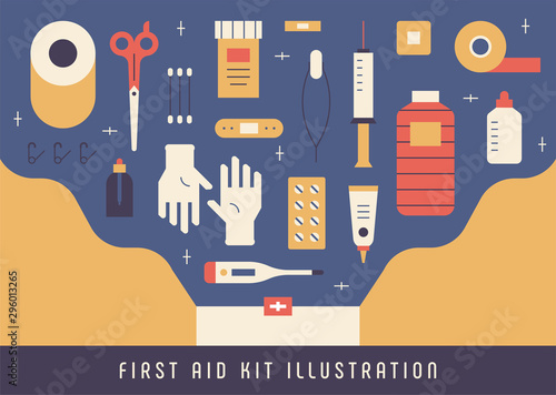 Various medical supplies in the first aid kit. flat design style minimal vector illustration.