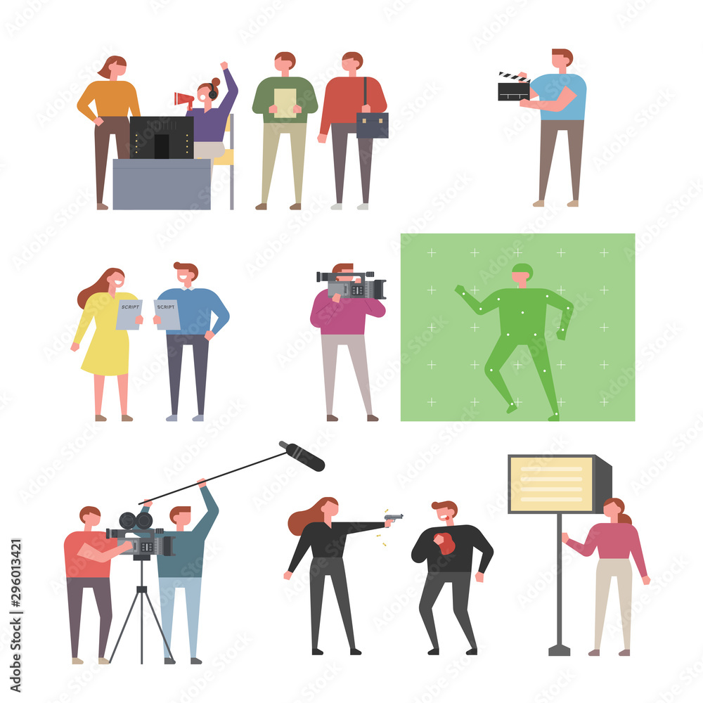 People filming in various positions. flat design style minimal vector illustration.