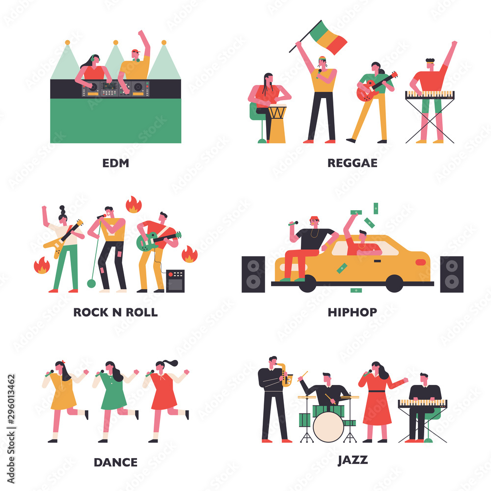Musicians of various music genres. flat design style minimal vector illustration.