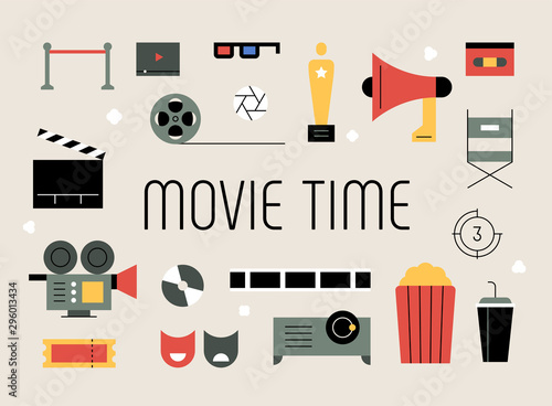 Movie related objects. flat design style minimal vector illustration.