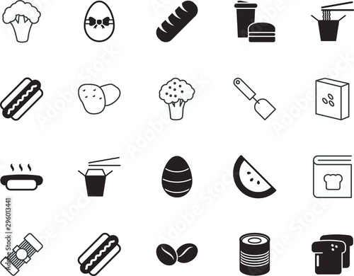 food vector icon set such as: hamburger, rolling, spaghetti, tuber, culture, spatula, tin, hand, book, plate, freshness, groats, watermelon, root, junk, potato, tool, service, rubber, bar, sweet