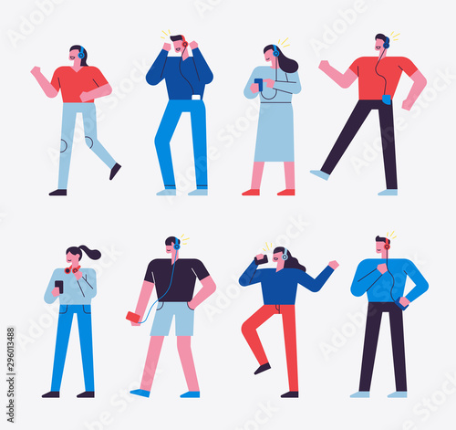 Character set holding a cassette and wearing earphones to listen to music. flat design style minimal vector illustration.