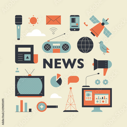 News broadcast objects. Vintage retro color. flat design style minimal vector illustration.