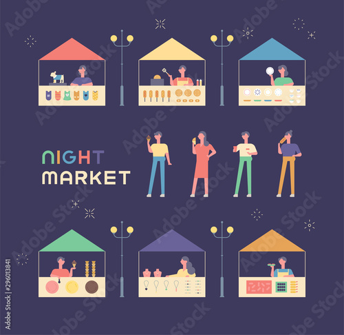 Various shops and guests on the flea market. flat design style minimal vector illustration.
