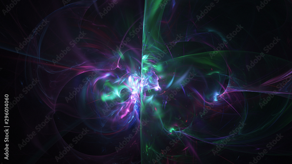 Abstract transparent violet and green crystal shapes. Fantasy light background. Digital fractal art. 3d rendering.