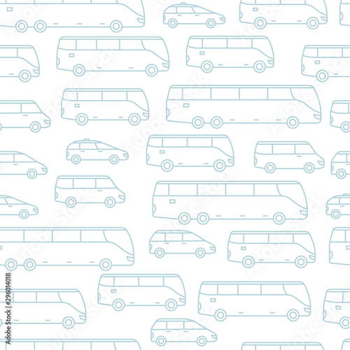 Transport seamless pattern background. Passengers cars and buses. Outline contour light blue line.