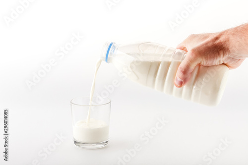 Pouring milk from a bottle into a glass Isolated on a white background. For design.