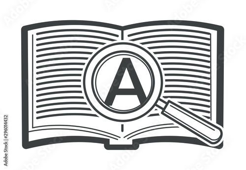 Open book with magnifying glass and zoomed letter