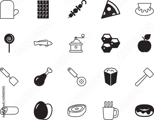 food vector icon set such as: lolly, line, glove, fishing, donut, texture, apple, cappuccino, milling, energy, eggs, mitt, ocean, vegetable, doughnut, figure, ripe, salami, protection, cream, serve