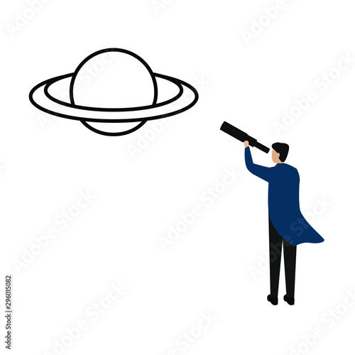 Man and telescope. Planet orbit.