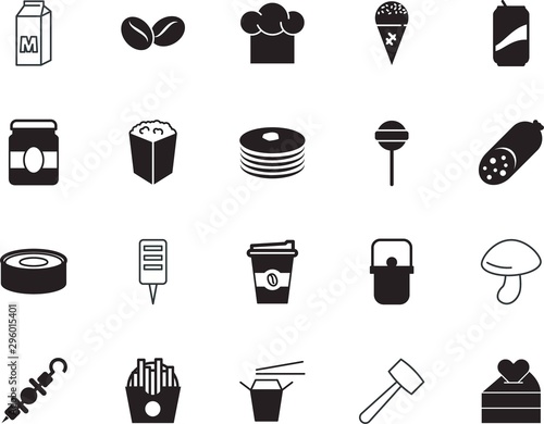 food vector icon set such as: aroma, beer, chocolate, line, juice, feeling, camping, tool, handle, cappuccino, clothing, bag, cream, mocha, relationship, cinema, mushroom, roasted, tenderizer