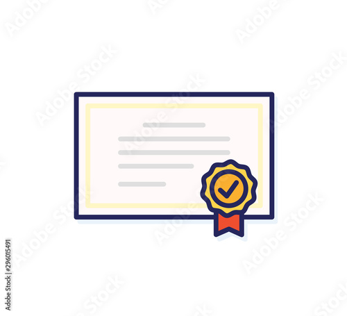 Diploma icon. Vector quality certificate with seal. Flat filled outline illustration design
