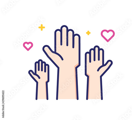 Volunteers and charity work. Raised helping hands. Vector filled outline icon illustrations with a crowd of people ready and available to help and contribute. Positive foundation, business, service.