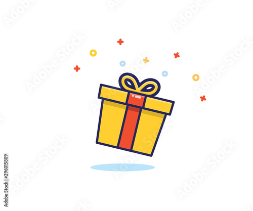 Gift box with prizes exploding with sparkles and confetti. Vector flat icon illustration for birthday, christmas, promotions, contests, marketing, etc