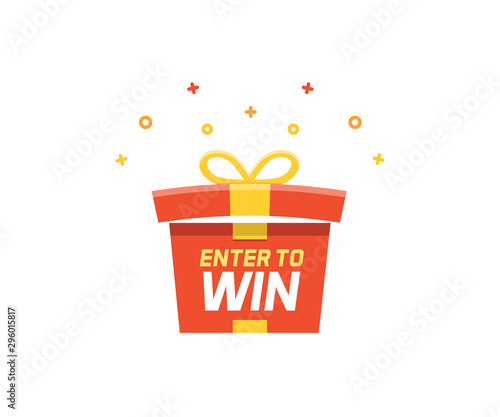Prize box opening and exploding with fireworks and confetti. Enter to win vector illustration