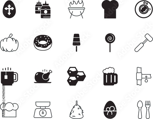 food vector icon set such as: bag, water, outline, scale, lollipop, bbq, organic, bottle, sheaf, rice, silverware, lunch, bird, cool, scales, donuts, whisk, gourd, weigh, occupation, wax, health, bar