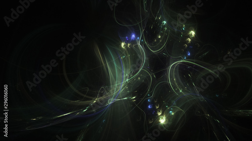 Abstract blue and green glowing shapes. Fantasy light background. Digital fractal art. 3d rendering.