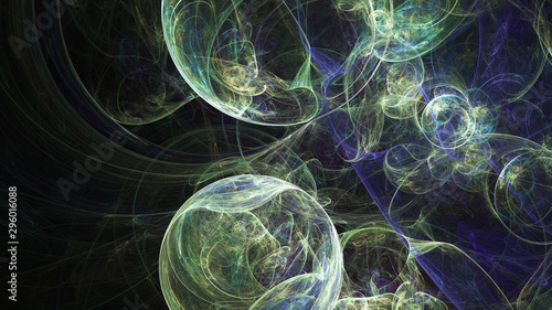 Abstract transparent blue and green crystal shapes. Fantasy light background. Digital fractal art. 3d rendering.