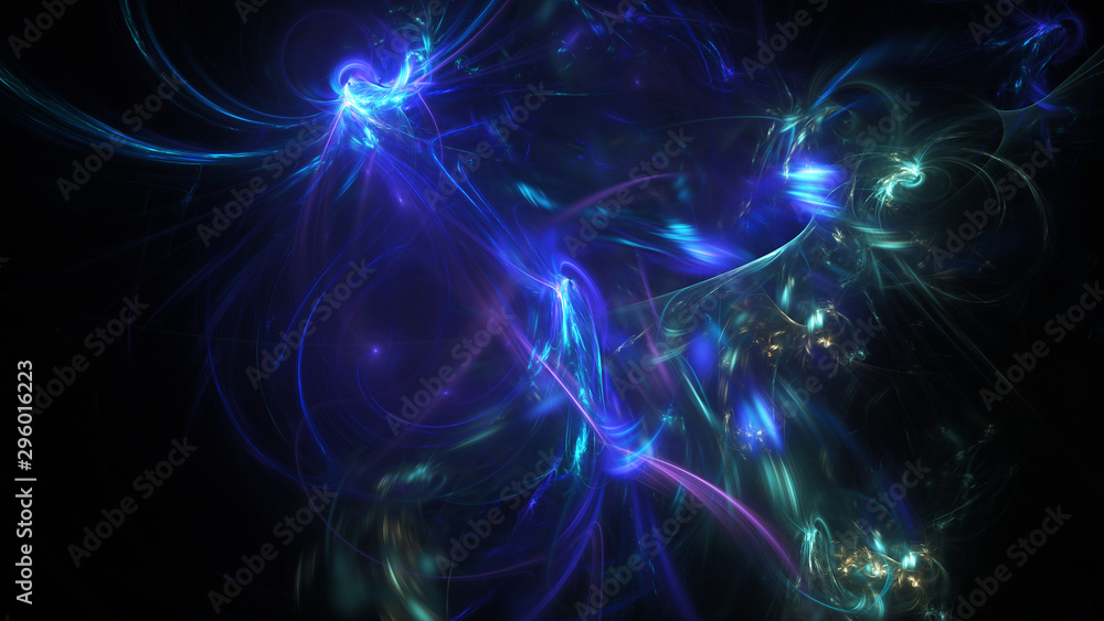 Fototapeta premium Abstract blue glowing shapes. Fantasy light background. Digital fractal art. 3d rendering.